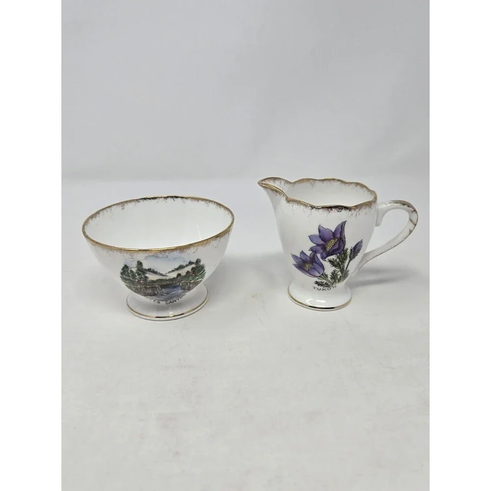 VINTAGE GLADSTONE CREAMER SUGAR BOWL BONE CHINA YUKON CANADA COLLECTIBLE FLOWER
